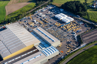 Aerial photograpy of Building and production halls on the premises of Liebherr-Mischtechnik GmbH in Bad Schussenried in the state Baden-Wuerttemberg, Germany