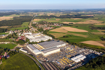 Building and production halls on the premises of Liebherr-Mischtechnik GmbH in Bad Schussenried in the state Baden-Wuerttemberg, Germany from above