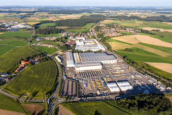 Building and production halls on the premises of Liebherr-Mischtechnik GmbH in Bad Schussenried in the state Baden-Wuerttemberg, Germany out of the air