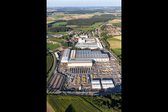 Building and production halls on the premises of Liebherr-Mischtechnik GmbH in Bad Schussenried in the state Baden-Wuerttemberg, Germany seen from above