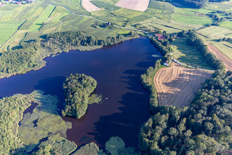 Aerial view of Schwaigfurt Pond in the district Kürnbach in Bad Schussenried in the state Baden-Wuerttemberg, Germany