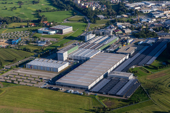 Aerial view of Buildings and production halls on the vehicle construction site of Hymer Reisemobile GmbH in Bad Waldsee in the state Baden-Wuerttemberg, Germany