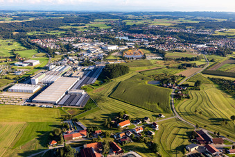 Aerial photograpy of Buildings and production halls on the vehicle construction site of Hymer Reisemobile GmbH in Bad Waldsee in the state Baden-Wuerttemberg, Germany