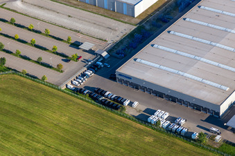Buildings and production halls on the vehicle construction site of Hymer Reisemobile GmbH in Bad Waldsee in the state Baden-Wuerttemberg, Germany from above