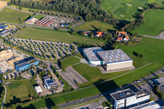 Aerial view of Museum building of the Erwin Hymer Museum of Camper-Vans in Bad Waldsee in the state Baden-Wuerttemberg, Germany