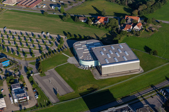 Aerial view of Erwin Hymer Museum in the district Hopfenweiler in Bad Waldsee in the state Baden-Wuerttemberg, Germany