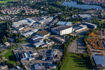 Aerial view of Building complex and distribution center on the site of Versandhaus Walz GmbH, Baby-Walz in Bad Waldsee in the state Baden-Wuerttemberg, Germany