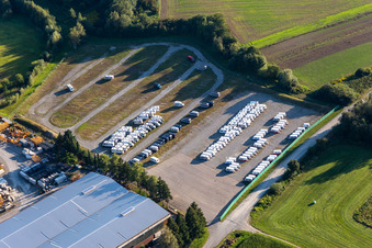 Buildings and production halls on the vehicle construction site of Hymer Reisemobile GmbH in Bad Waldsee in the state Baden-Wuerttemberg, Germany seen from above