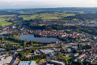 Aerial view of City view of the downtown area on the shore areas of Stadt See in Bad Waldsee in the state Baden-Wuerttemberg, Germany