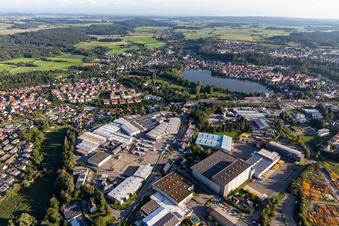 Aerial photograpy of Building complex and distribution center on the site of Versandhaus Walz GmbH, Baby-Walz in Bad Waldsee in the state Baden-Wuerttemberg, Germany