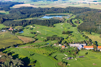 Aerial view of Grounds of the Golf course at of Fuerstlicher Golfclub Oberschwaben e.V. in Bad Waldsee in the state Baden-Wuerttemberg, Germany