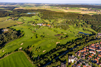 Aerial photograpy of Grounds of the Golf course at of Fuerstlicher Golfclub Oberschwaben e.V. in Bad Waldsee in the state Baden-Wuerttemberg, Germany