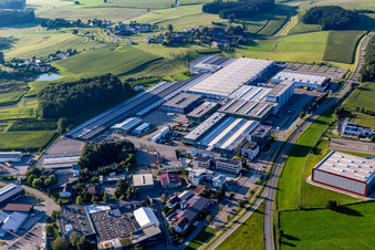 Aerial view of Buildings and production halls on the vehicle construction site of Hymer Reisemobile GmbH in Bad Waldsee in the state Baden-Wuerttemberg, Germany