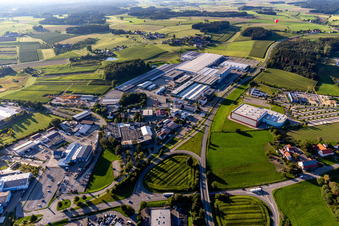 Aerial photograpy of Buildings and production halls on the vehicle construction site of Hymer Reisemobile GmbH in Bad Waldsee in the state Baden-Wuerttemberg, Germany