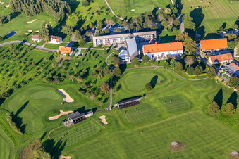 Aerial view of Club-hous of the Golf course at of Fuerstlicher Golfclub Oberschwaben e.V. in Bad Waldsee in the state Baden-Wuerttemberg, Germany