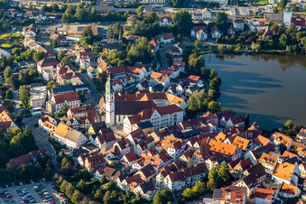 Aerial view of Church building in " Stadtpfarrkirche St. Peter " Old Town- center of downtown in Bad Waldsee in the state Baden-Wuerttemberg, Germany