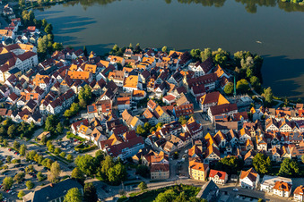 Aerial view of City view of the downtown area on the shore areas of Stadt See in Bad Waldsee in the state Baden-Wuerttemberg, Germany