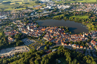 Aerial photograpy of City view of the downtown area on the shore areas of Stadt See in Bad Waldsee in the state Baden-Wuerttemberg, Germany