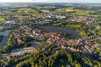 Oblique view of City view of the downtown area on the shore areas of Stadt See in Bad Waldsee in the state Baden-Wuerttemberg, Germany