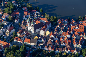Aerial photograpy of Church building in " Stadtpfarrkirche St. Peter " Old Town- center of downtown in Bad Waldsee in the state Baden-Wuerttemberg, Germany