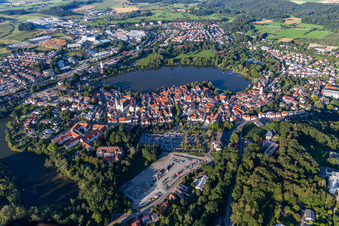Aerial photograpy of City view of the downtown area on the shore areas of Stadt See in Bad Waldsee in the state Baden-Wuerttemberg, Germany