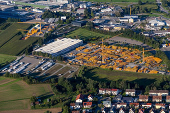 Aerial view of Bearing surface of Liebherr-Werk Biberach GmbH, Subsidary Bad Waldsee in the industrial area in Bad Waldsee in the state Baden-Wuerttemberg, Germany