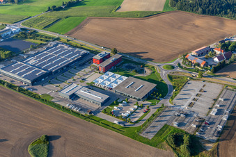Aerial photograpy of Buildings and production halls on the vehicle construction site of Carthago Reisemobilbau GmbH in Aulendorf in the state Baden-Wuerttemberg, Germany