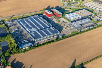 Aerial view of Buildings and production halls on the vehicle construction site of Carthago Reisemobilbau GmbH in Aulendorf in the state Baden-Wuerttemberg, Germany