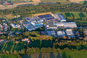 Aerial view of Industrial and commercial area with Spiess Transport International GmbH, TU Maschinen- and Anlagenbau GmbH, Eurostahl KG, Fensterle Bauunternehmen GmbH in Ertingen in the state Baden-Wuerttemberg, Germany