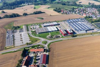 Buildings and production halls on the vehicle construction site of Carthago Reisemobilbau GmbH in Aulendorf in the state Baden-Wuerttemberg, Germany from above