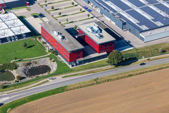 Buildings and production halls on the vehicle construction site of Carthago Reisemobilbau GmbH in Aulendorf in the state Baden-Wuerttemberg, Germany out of the air