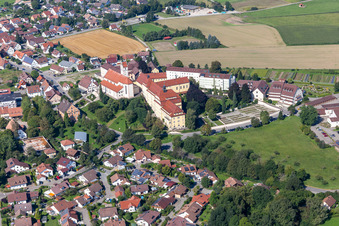 Aerial view of Building complex of the Franciscan monastery of Reute in the district Reute in Bad Waldsee in the state Baden-Wuerttemberg, Germany