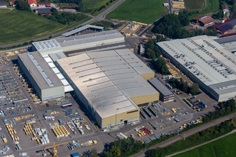 Drone recording of Building and production halls on the premises of Liebherr-Mischtechnik GmbH in Bad Schussenried in the state Baden-Wuerttemberg, Germany
