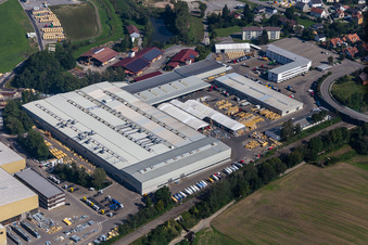 Drone image of Building and production halls on the premises of Liebherr-Mischtechnik GmbH in Bad Schussenried in the state Baden-Wuerttemberg, Germany
