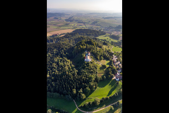 Aerial photograpy of St. John the Baptist on the Bussen, holy mountain of Upper Swabia in the district Offingen in Uttenweiler in the state Baden-Wuerttemberg, Germany