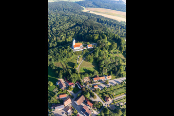 Oblique view of St. John the Baptist on the Bussen, holy mountain of Upper Swabia in the district Offingen in Uttenweiler in the state Baden-Wuerttemberg, Germany