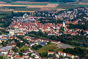 Aerial view of Village on the banks of the area of the river Danube - river course in Riedlingen in the state Baden-Wuerttemberg, Germany