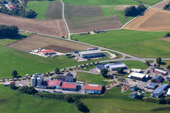 High silo and grain storage with adjacent storage of Stauss Landhandel GmbH in Inneringen in the state Baden-Wuerttemberg, Germany