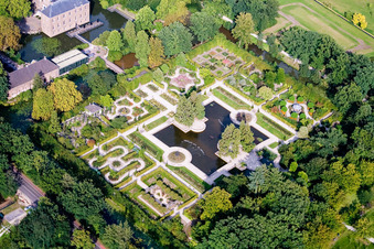 Oblique view of Building and castle park systems of water castle Kasteeltuinen Arcen in Arcen in Limburg, Netherlands