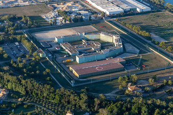 Aerial view of Prison grounds and high security fence Prison Detention center in Tarascon in Provence-Alpes-Cote d'Azur, France. Editorial use only !