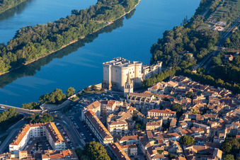 Aerial photograpy of Château de Tarascon above the Rhone in Tarascon in the state Bouches du Rhone, France
