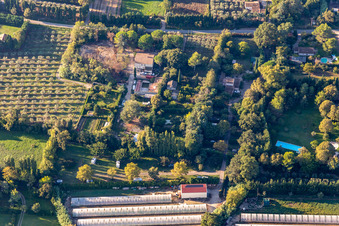 Aerial view of Camping A La Ferme in the district Les Écarts in Saint-Rémy-de-Provence in the state Bouches du Rhone, France