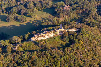 Aerial view of Castle fort in ruins of Montfaucon in Montfaucon in the state Doubles, France