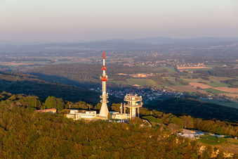 Aerial photograpy of Belvédère de Montfaucon with transmission tower TéléDiffusion De TDF and relay radio ERDF in Montfaucon in the state Doubles, France