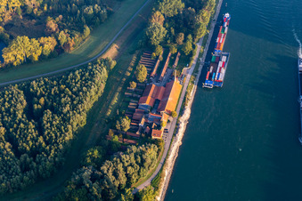 Aerial view of Sondernheim Brickworks Museum on the banks of the Rhine in Germersheim in the state Rhineland-Palatinate, Germany