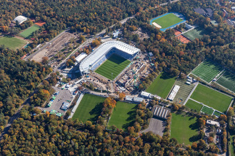 Extension and conversion site on the sports ground of the stadium " Wildparkstadion " in Karlsruhe in the state Baden-Wurttemberg, Germany seen from a drone