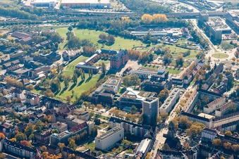 Bird's eye view of District Oststadt in Karlsruhe in the state Baden-Wuerttemberg, Germany