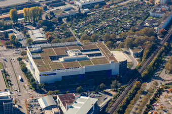 Building store - furniture market of " IKEA Deutschland GmbH & Co. KG " on Gerwigstrasse - Weinweg - Durlacher Allee in Karlsruhe in the state Baden-Wurttemberg, Germany from the plane