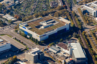 Bird's eye view of Building store - furniture market of " IKEA Deutschland GmbH & Co. KG " on Gerwigstrasse - Weinweg - Durlacher Allee in Karlsruhe in the state Baden-Wurttemberg, Germany