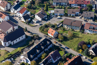 Oblique view of Wilhelm-Roether-Straße in the district Langensteinbach in Karlsbad in the state Baden-Wuerttemberg, Germany